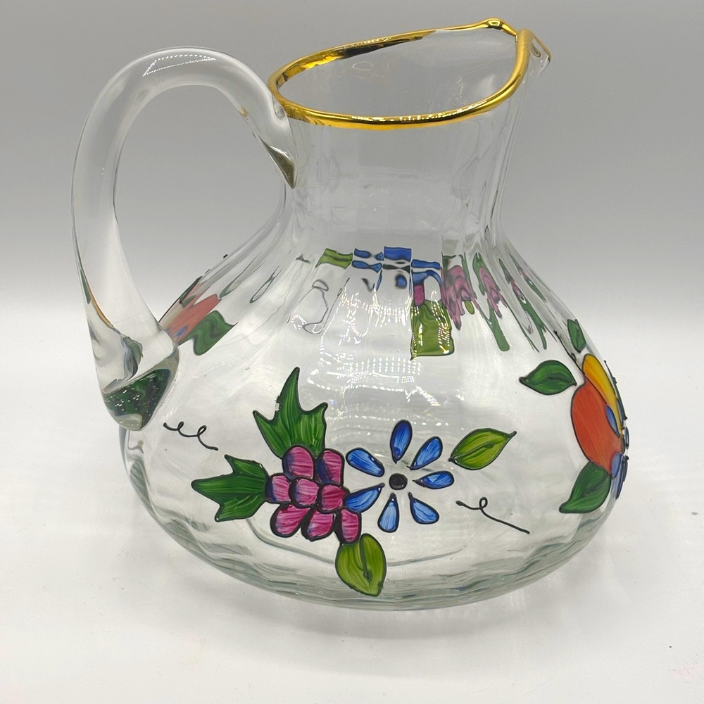 Vtg Fifth Avenue hand painted Romanian crystal 8" fruit floral gold rim pitcher - Picture 3 of 9